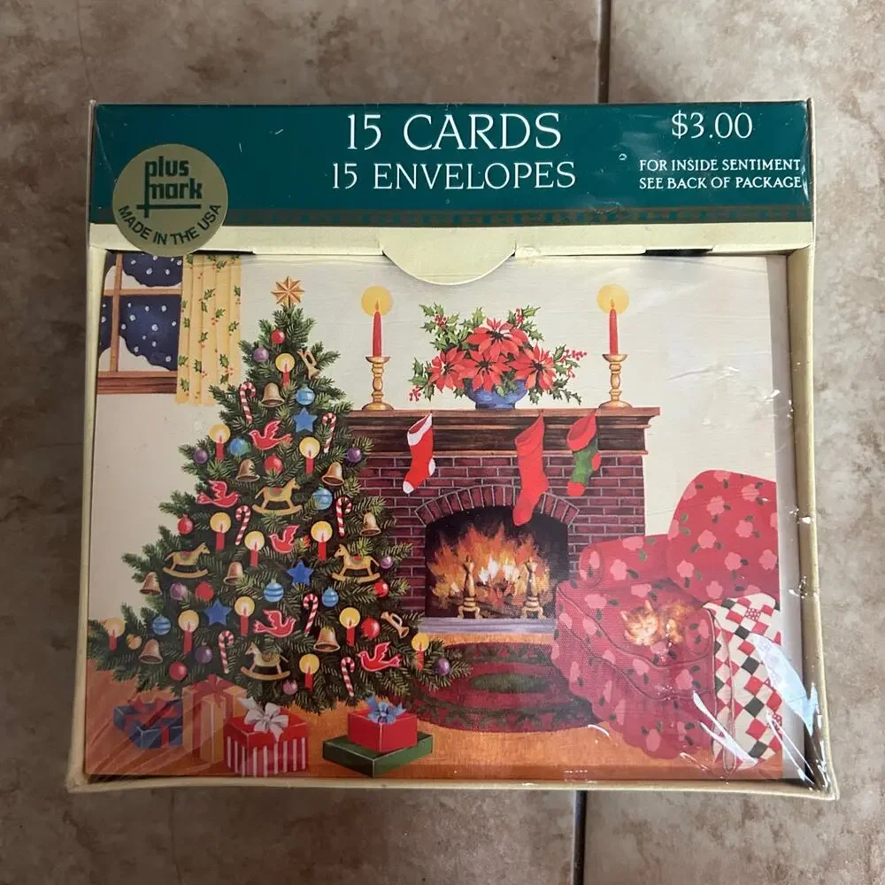 1992 Vinatage Christmas Cards Poinsettias Basket Chimney Xmas Tree Picture NEW